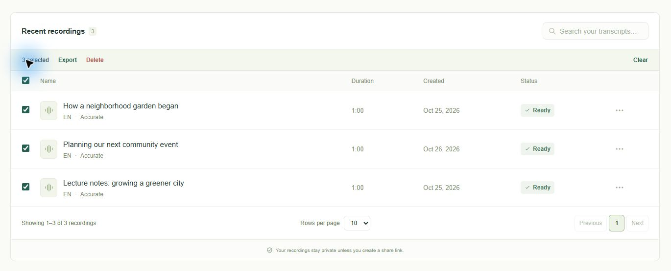 Three checked recordings in the library with Export, Delete, and Clear actions in the selection bar.