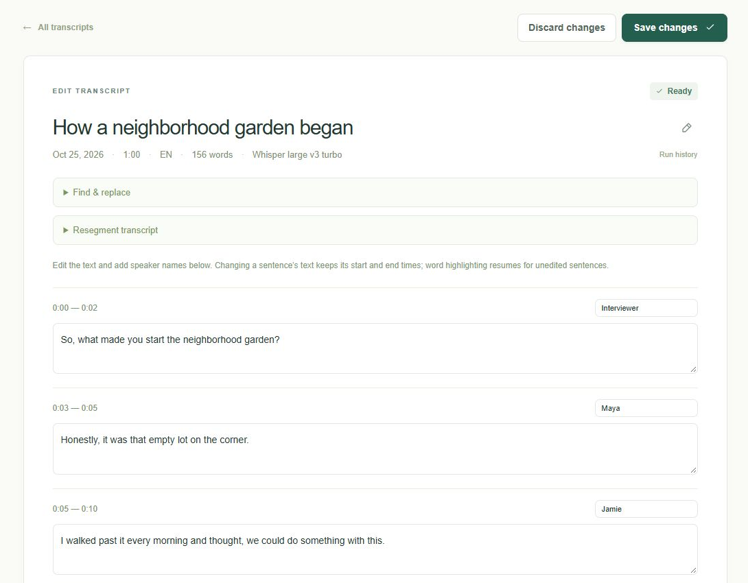 Transcript editor with timed text boxes, speaker name fields on the right, and Save changes above the transcript.