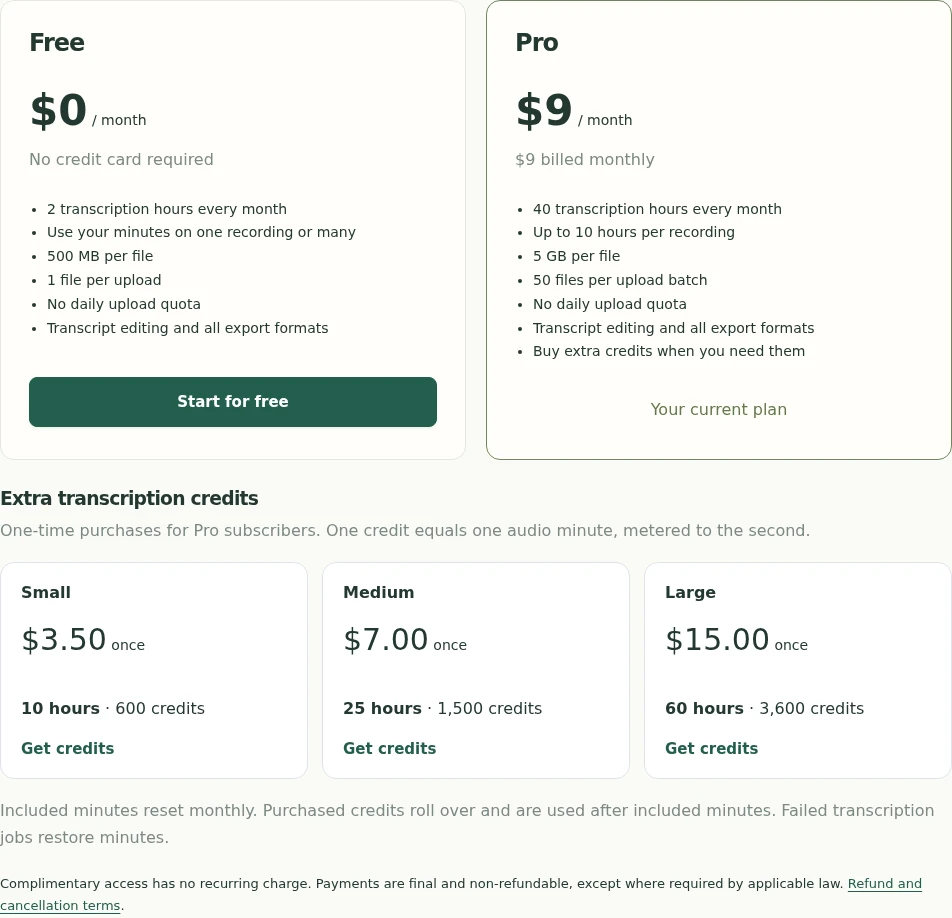 JotSonic Free and Pro plans showing two free monthly hours, Pro at nine dollars per month for 40 hours, and three one-time credit packs.