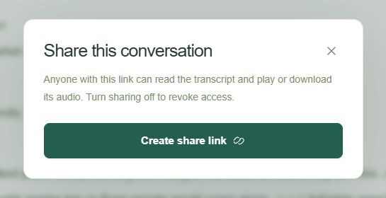 Share this conversation dialog explaining access to the transcript and audio, with a Create share link button.