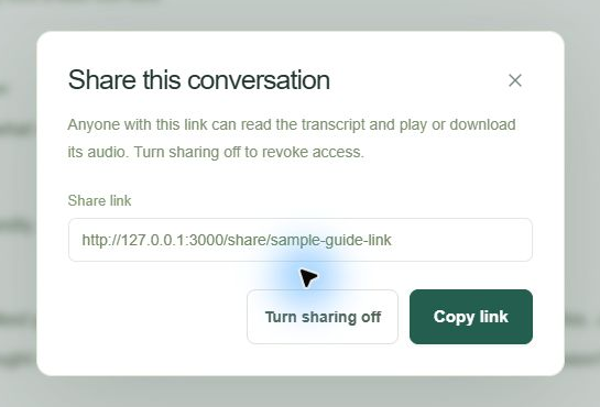 Sharing dialog with a sample link and the Turn sharing off and Copy link buttons.
