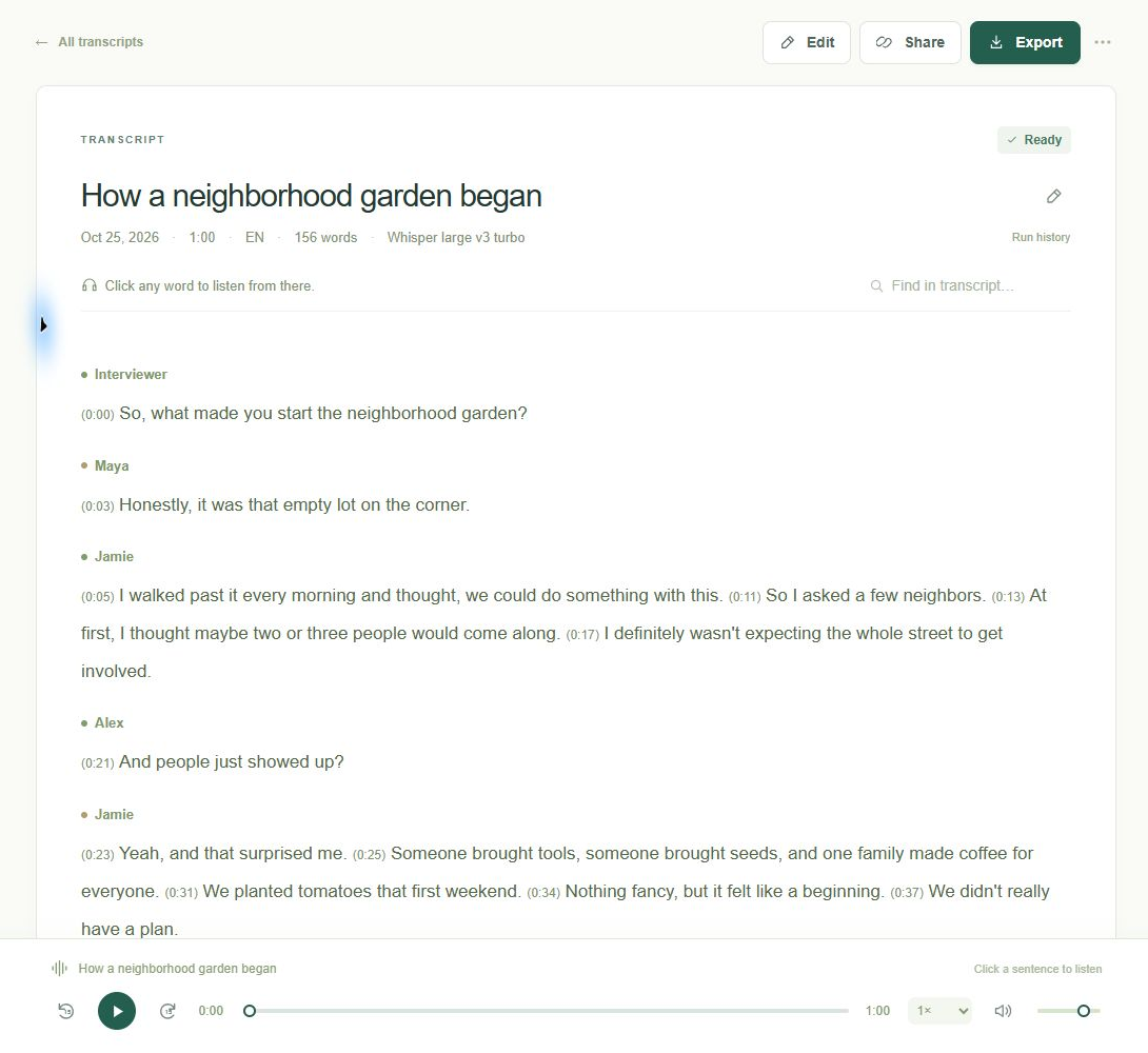 A sample transcript with clickable timestamps, manual speaker labels, Find in transcript, and the audio player along the bottom.
