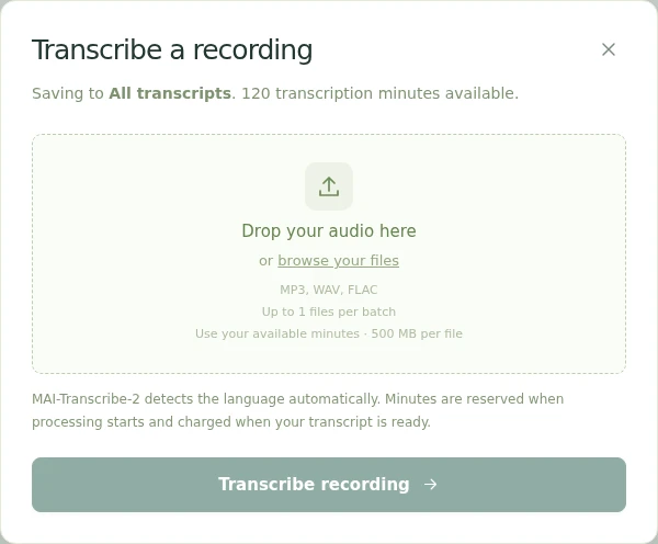 Transcribe a recording dialog with the audio drop zone, file limits, and automatic language detection.