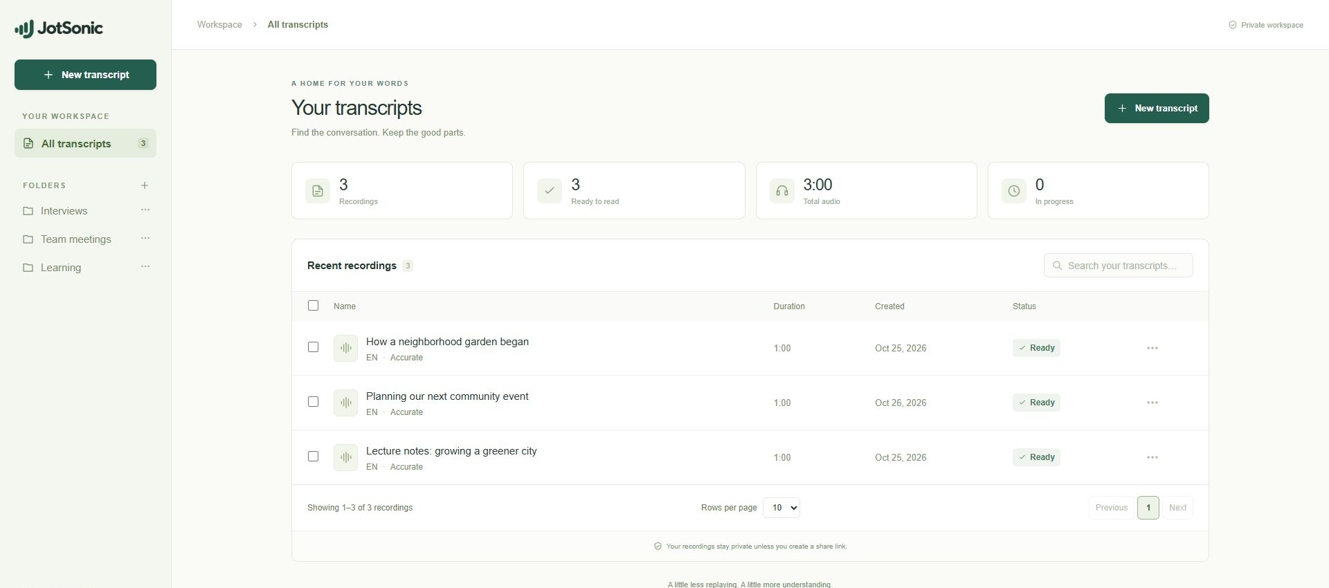 JotSonic library with folders in the left sidebar, a New transcript button, and three sample recordings.